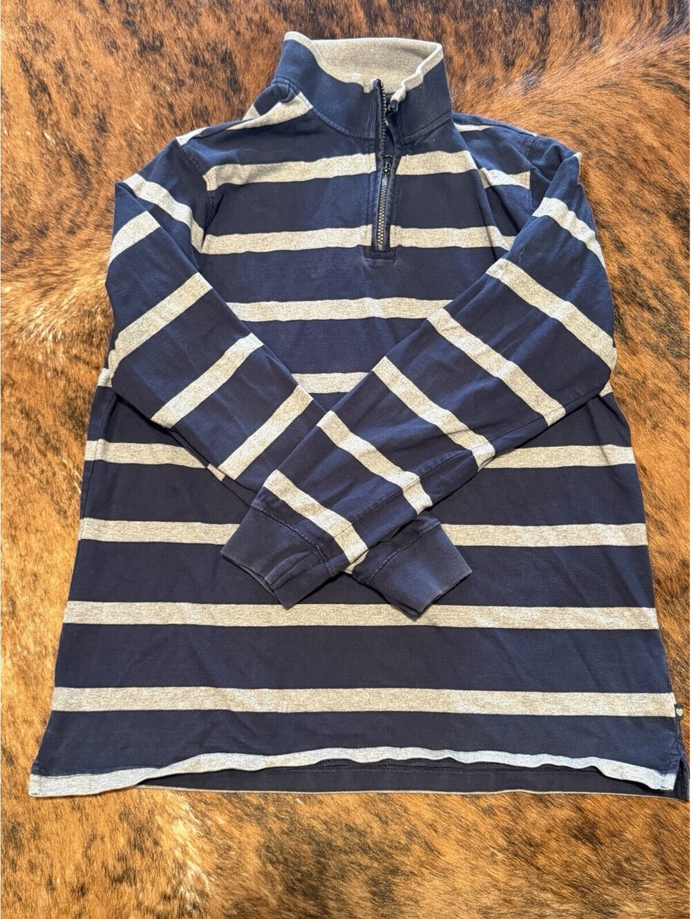 Chaps Mens Large Quarter Zip Pullover Sweater Striped Navy Blue Grey 100% Cotton